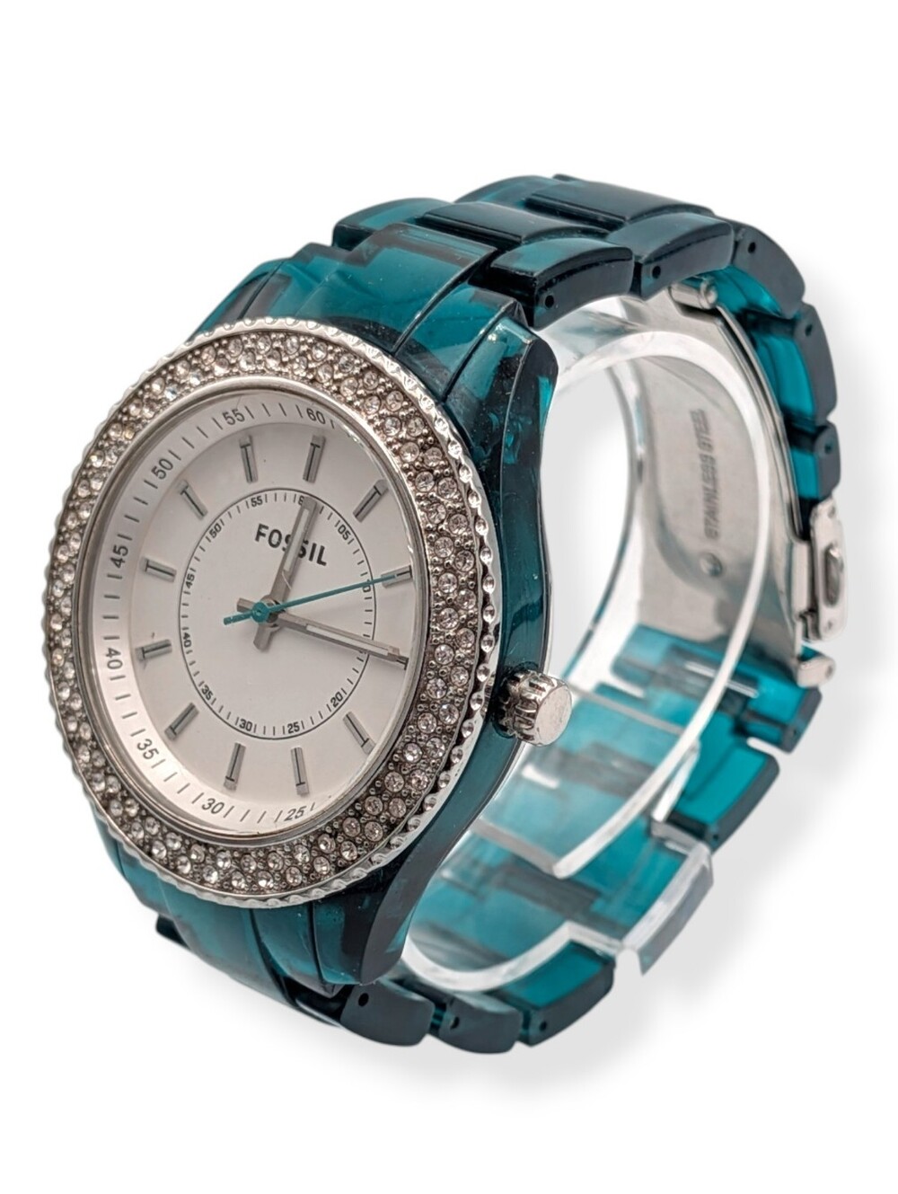 Fossil Stella Watch Teal Green/Blue Resin Band Rhinestone Crystal Bezel Women